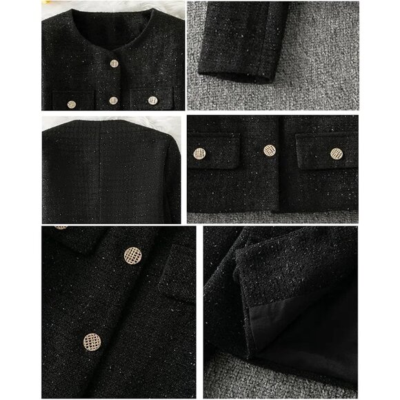 Women Black Floral Tweed Jacket Long Sleeve Round Neck Business Casual Top - Picture 5 of 5